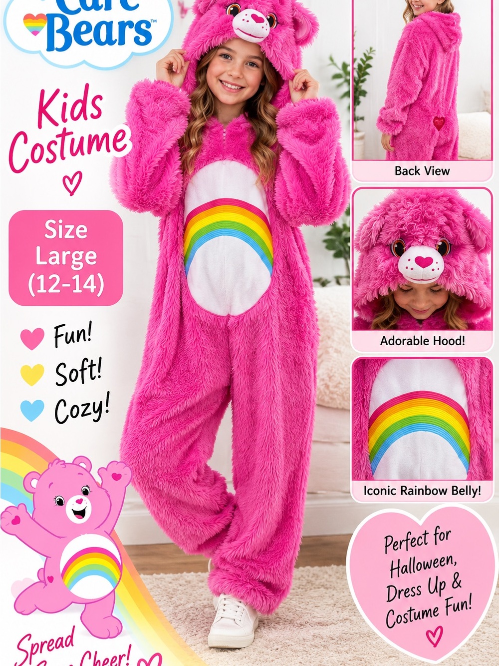 Care Bears Girls Bright Pink Rainbow Belly Plush Costume
